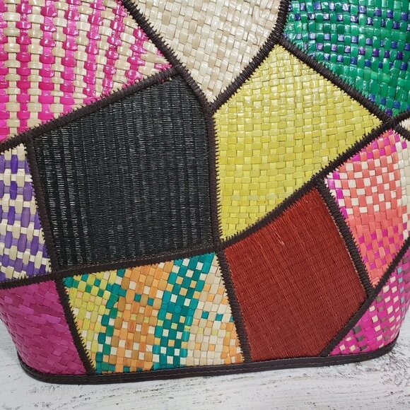 Le Sac Purse Buri Palm Natural Fiber Handbag Purse NWOT Colorful Patchwork - Picture 5 of 5